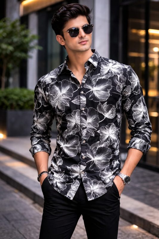 Premium Black Floral Printed Shirt for Men Stylish Slim Fit Casual & Party Wear