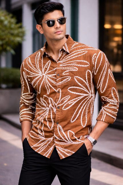 Premium Brown Abstract Printed Shirt for Men Stylish Slim Fit Casual & Party Wear