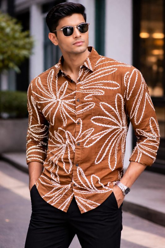 Premium Brown Abstract Printed Shirt for Men Stylish Slim Fit Casual & Party Wear