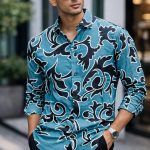 Premium Teal Abstract Printed Shirt for Men Stylish Slim Fit Casual & Party Wear