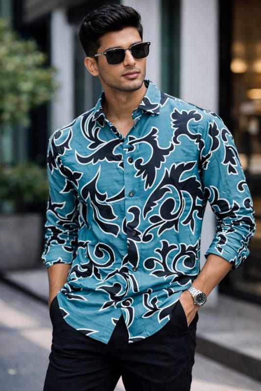 Premium Teal Abstract Printed Shirt for Men Stylish Slim Fit Casual & Party Wear