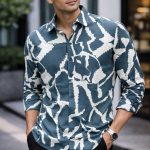 Premium Teal & White Abstract Printed Shirt for Men Stylish Slim Fit Casual & Party Wear