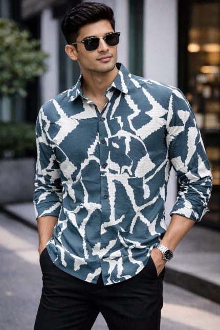 Premium Teal & White Abstract Printed Shirt for Men Stylish Slim Fit Casual & Party Wear