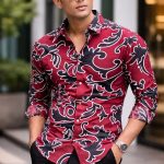 Stylish Maroon Printed Shirt for Men Bold Abstract Design Slim Fit