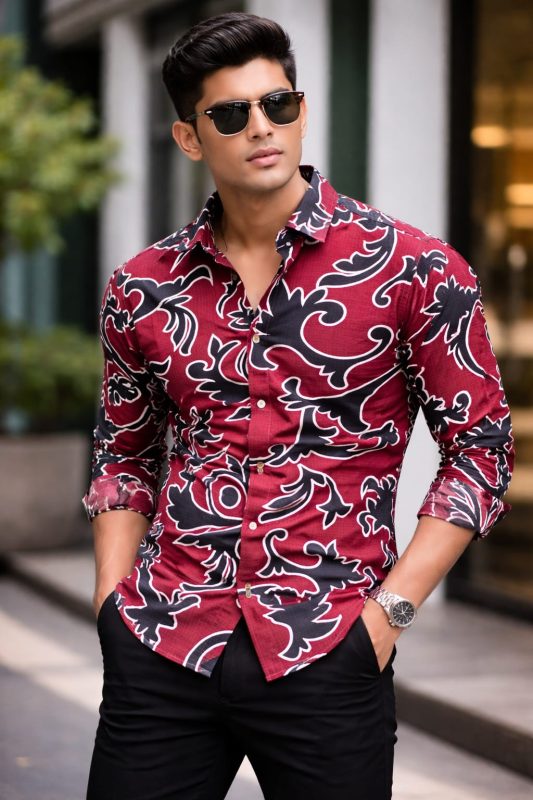 Stylish Maroon Printed Shirt for Men Bold Abstract Design Slim Fit